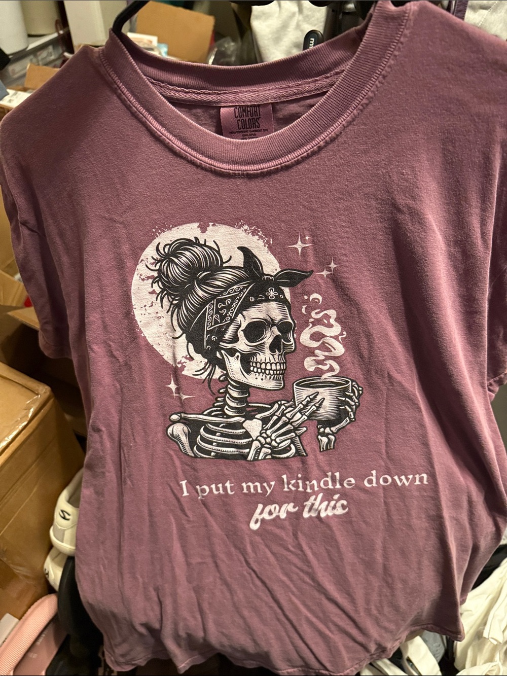 Comfort Colors Mauve Graphic Tee with Skull & Coffee Art